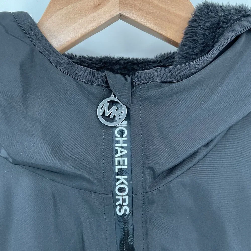 Michael Kors Fleece Lined Hooded‎ Zip Up Jacket Women Medium Black Pockets Warm